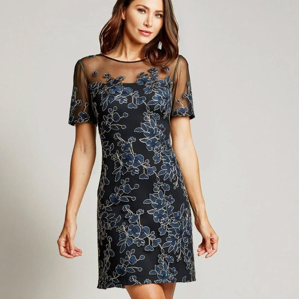 TADASHI SHOJI Cardea Embroidered Floral Tulle Cocktail Dress Size 6 Navy Gold